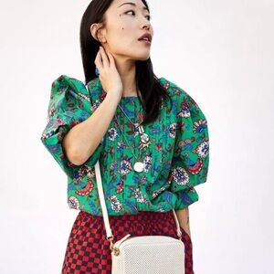 Clare V Green Floral Puff Sleeve Blouse